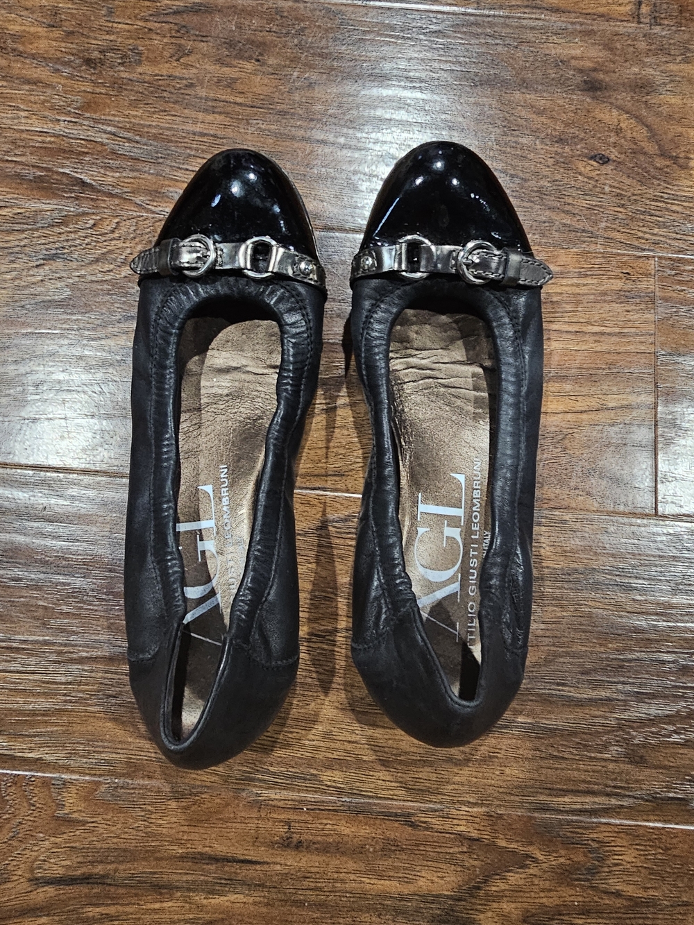 AGL Monika Cap Toe Leather Black Ballet Flats with Decorative Buckle Strap - Picture 2 of 4